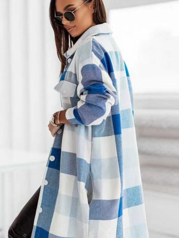 Blue Zone Planet | Women's new color flannel plaid long windbreaker fashionable shirt woolen jacket kakaclo
