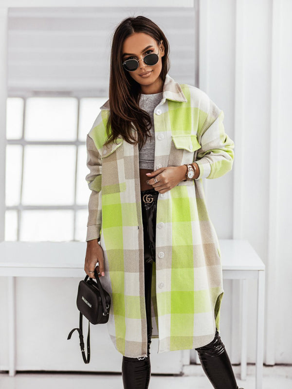Blue Zone Planet | Women's new color flannel plaid long windbreaker fashionable shirt woolen jacket kakaclo