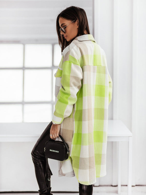 Blue Zone Planet | Women's new color flannel plaid long windbreaker fashionable shirt woolen jacket kakaclo