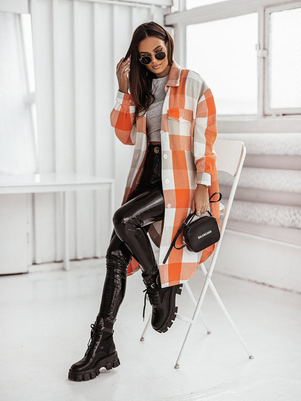 Blue Zone Planet | Women's new color flannel plaid long windbreaker fashionable shirt woolen jacket kakaclo