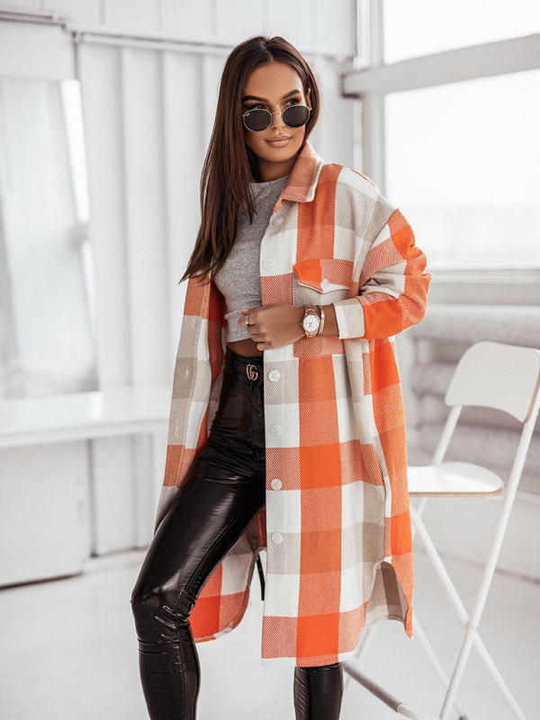 Blue Zone Planet | Women's new color flannel plaid long windbreaker fashionable shirt woolen jacket kakaclo