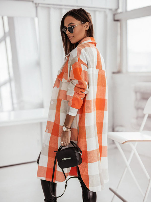Blue Zone Planet | Women's new color flannel plaid long windbreaker fashionable shirt woolen jacket kakaclo
