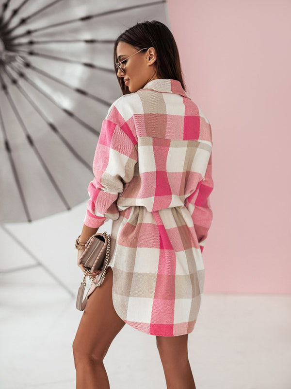 Blue Zone Planet | Women's new color flannel plaid long windbreaker fashionable shirt woolen jacket kakaclo