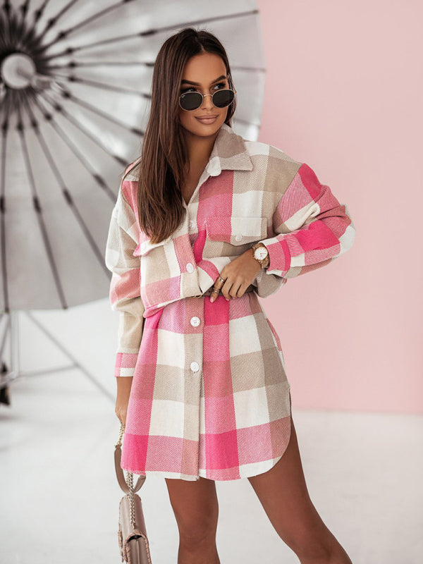 Blue Zone Planet | Women's new color flannel plaid long windbreaker fashionable shirt woolen jacket kakaclo