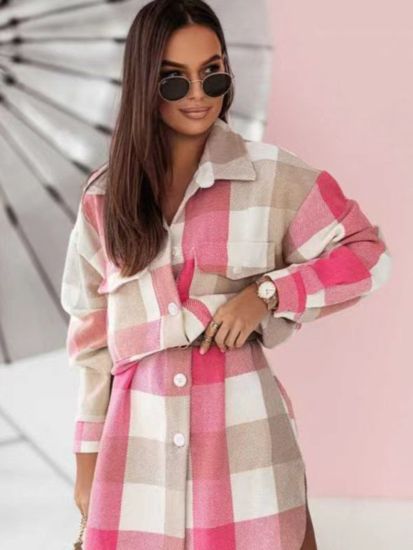 Blue Zone Planet | Women's new color flannel plaid long windbreaker fashionable shirt woolen jacket kakaclo
