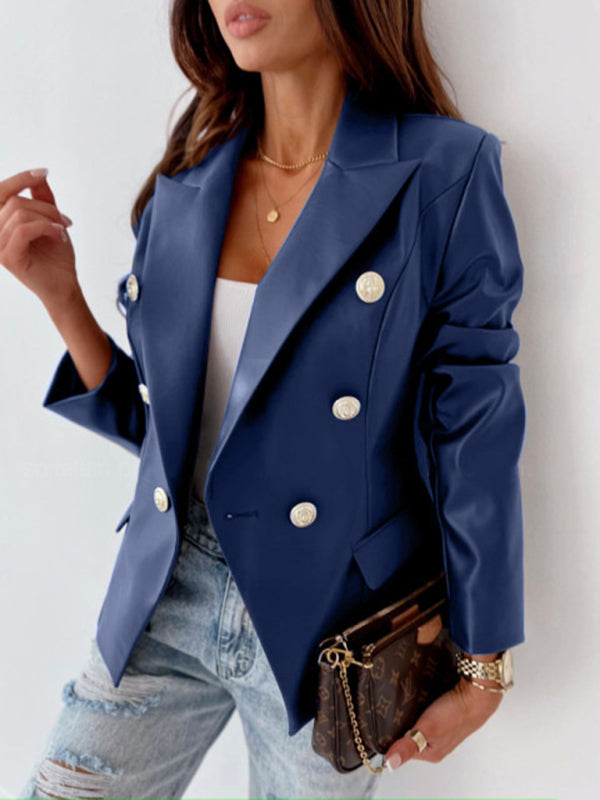 Blue Zone Planet | Women's new long-sleeved double-breasted fashionable PU leather suit kakaclo