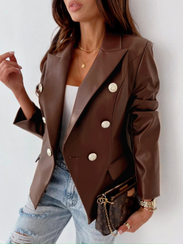 Blue Zone Planet | Women's new long-sleeved double-breasted fashionable PU leather suit kakaclo