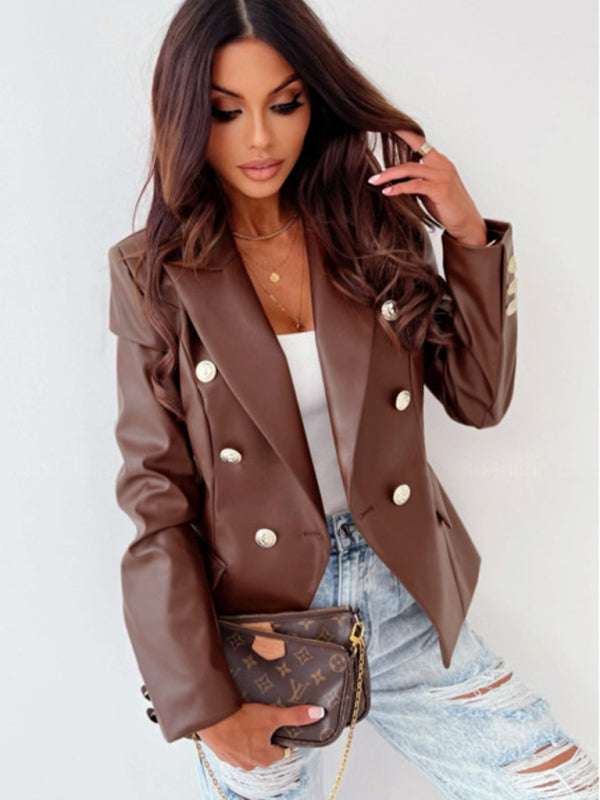 Blue Zone Planet | Women's new long-sleeved double-breasted fashionable PU leather suit kakaclo