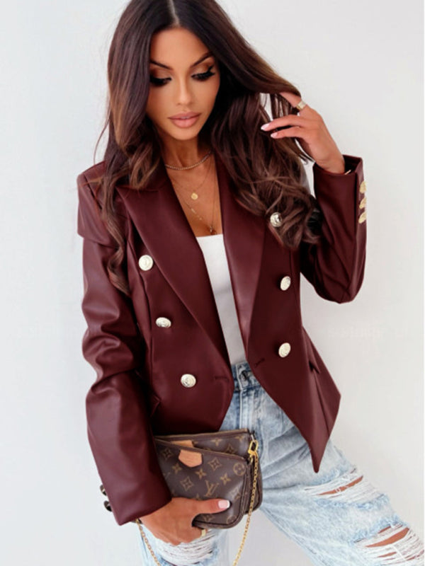 Blue Zone Planet | Women's new long-sleeved double-breasted fashionable PU leather suit kakaclo