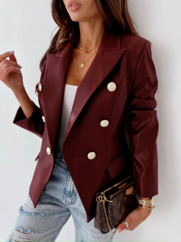Blue Zone Planet | Women's new long-sleeved double-breasted fashionable PU leather suit kakaclo