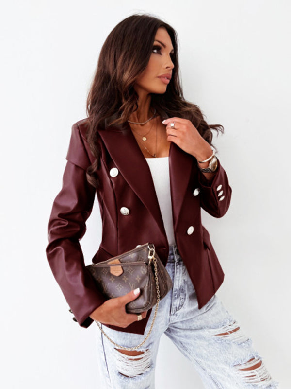 Blue Zone Planet | Women's new long-sleeved double-breasted fashionable PU leather suit kakaclo