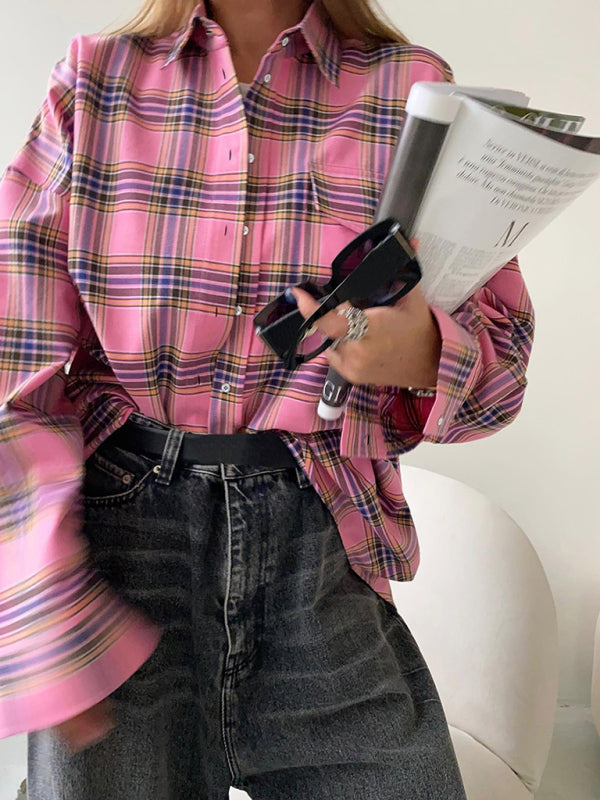 Blue Zone Planet |  Women's new retro classic plaid lapel long-sleeved shirt kakaclo