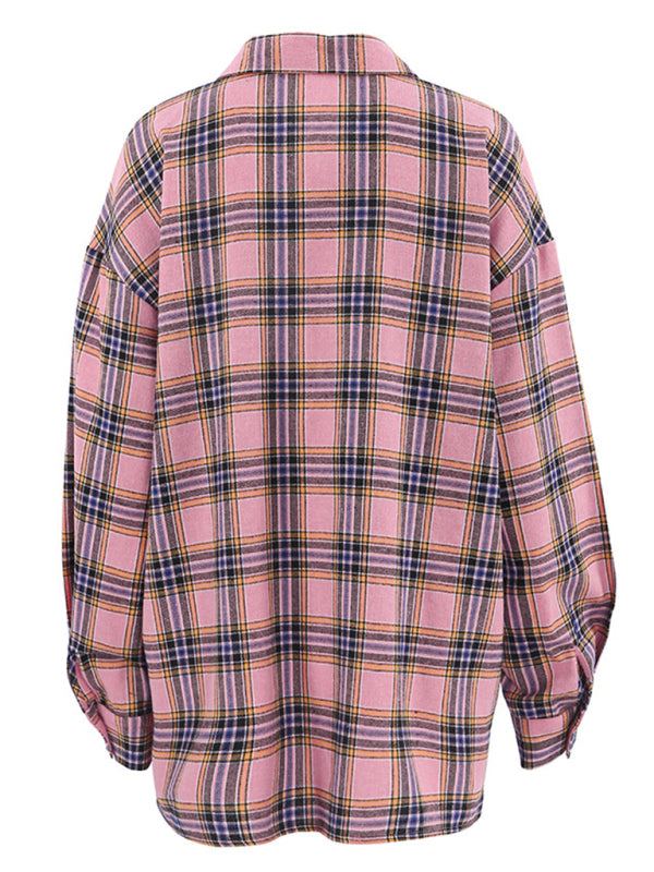 Blue Zone Planet |  Women's new retro classic plaid lapel long-sleeved shirt kakaclo