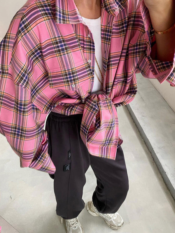Blue Zone Planet | Women's new retro classic plaid lapel long-sleeved shirt kakaclo