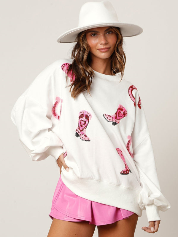 Women's sequined boots color-blocked long-sleeved sweatshirt kakaclo
