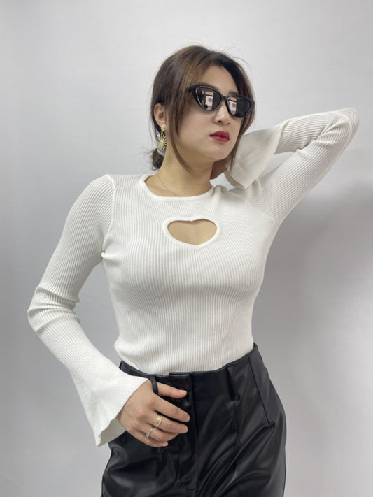 Valentine's Heart Cutout Round Neck Bell Sleeve Knitted Top kakaclo