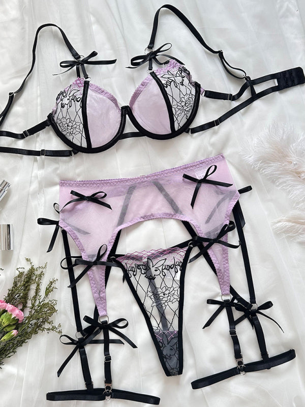 Fashionable embroidered see-through mesh bow underwear set kakaclo