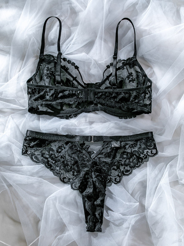 New erotic lingerie flower embroidery sexy see-through two-piece suit kakaclo