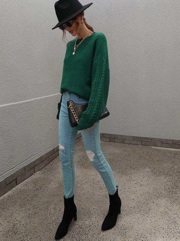 Blue Zone Planet | Long Sleeve Thick Knitted Round Neck Twist Rope Top Sweater BLUE ZONE PLANET