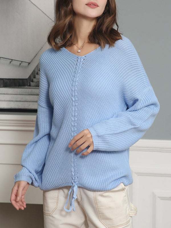 Blue Zone Planet | long sleeve loose V-neck drawstring pullover sweater kakaclo