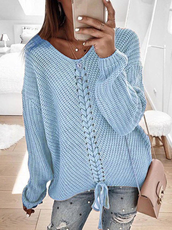Blue Zone Planet | long sleeve loose V-neck drawstring pullover sweater kakaclo