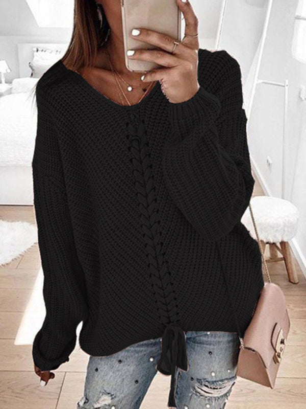 Blue Zone Planet | long sleeve loose V-neck drawstring pullover sweater kakaclo