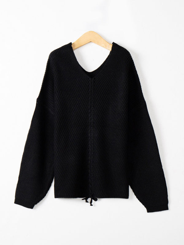 Blue Zone Planet | long sleeve loose V-neck drawstring pullover sweater kakaclo