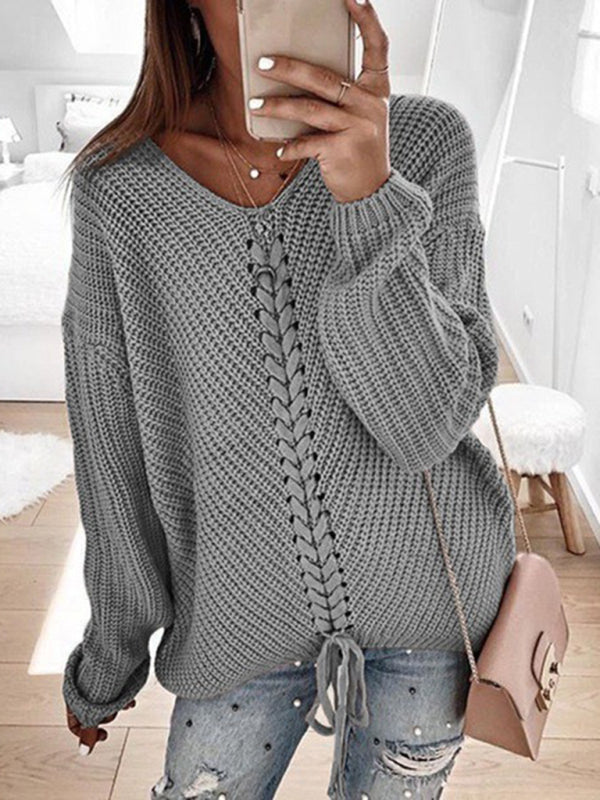 Blue Zone Planet | long sleeve loose V-neck drawstring pullover sweater kakaclo