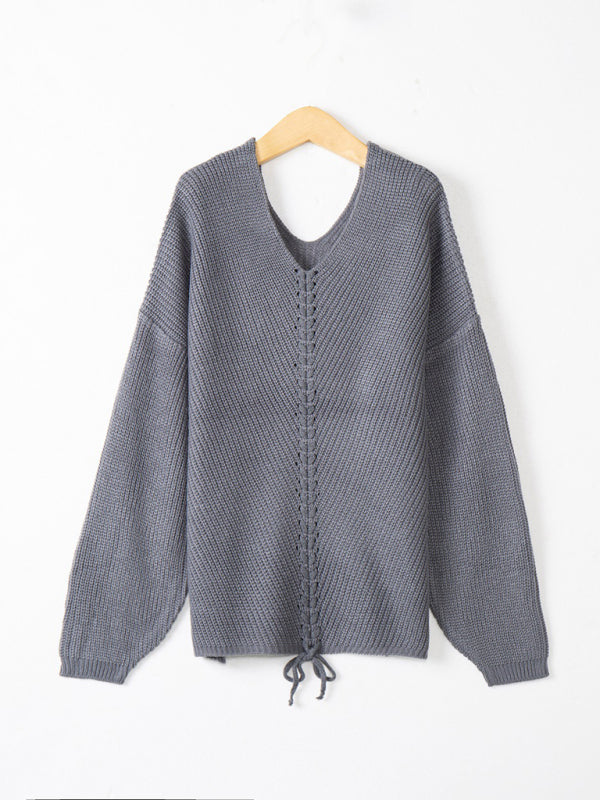 Blue Zone Planet | long sleeve loose V-neck drawstring pullover sweater kakaclo