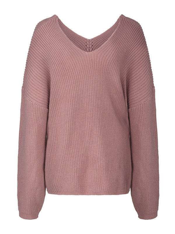 Blue Zone Planet | long sleeve loose V-neck drawstring pullover sweater kakaclo