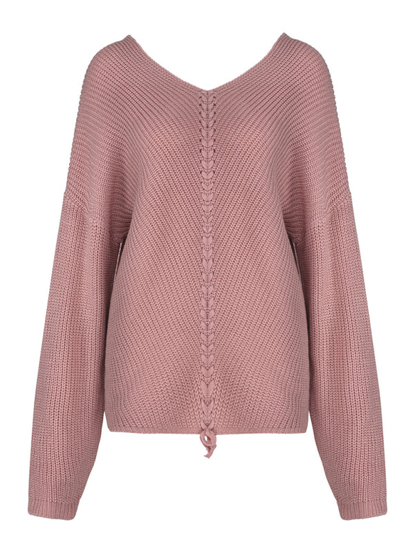 Blue Zone Planet | long sleeve loose V-neck drawstring pullover sweater kakaclo