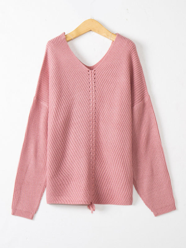 Blue Zone Planet | long sleeve loose V-neck drawstring pullover sweater kakaclo