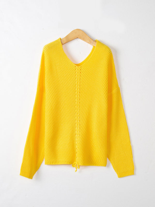 Blue Zone Planet | long sleeve loose V-neck drawstring pullover sweater kakaclo