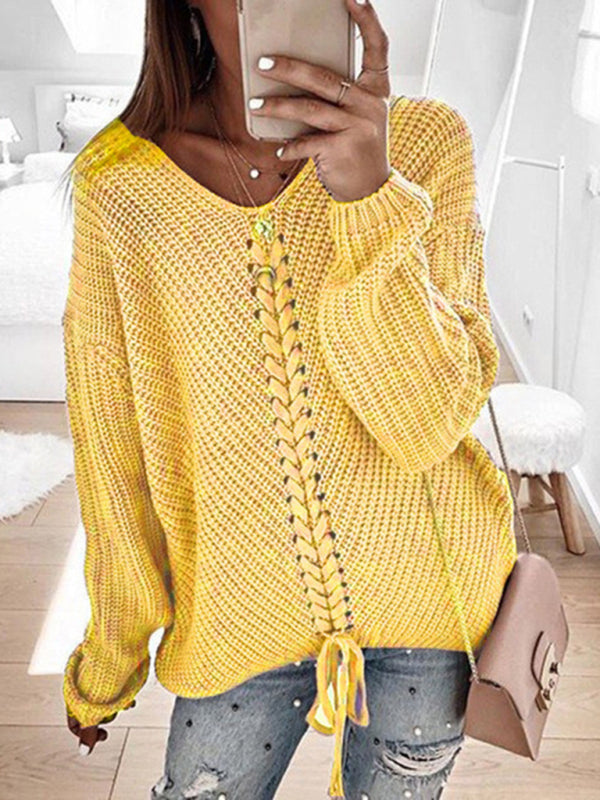 Blue Zone Planet | long sleeve loose V-neck drawstring pullover sweater kakaclo