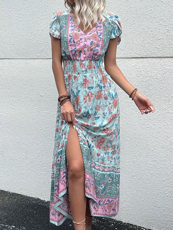 Blue Zone Planet | V-Neck boho ethnic style printed slit midi dress BLUE ZONE PLANET