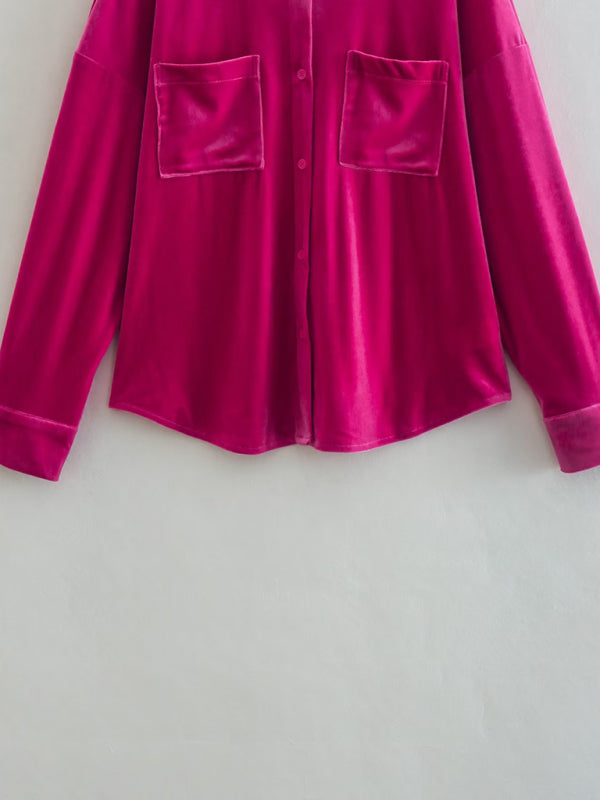 Blue Zone Planet | Women's velvet shirt lapel single breasted top kakaclo