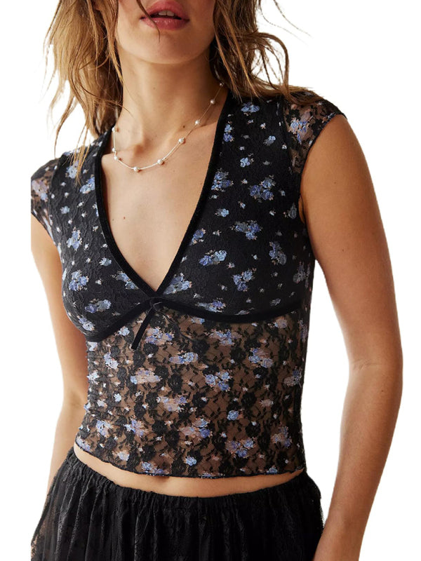 Blue Zone Planet | lace V-neck short-sleeved bow short-sleeved top BLUE ZONE PLANET