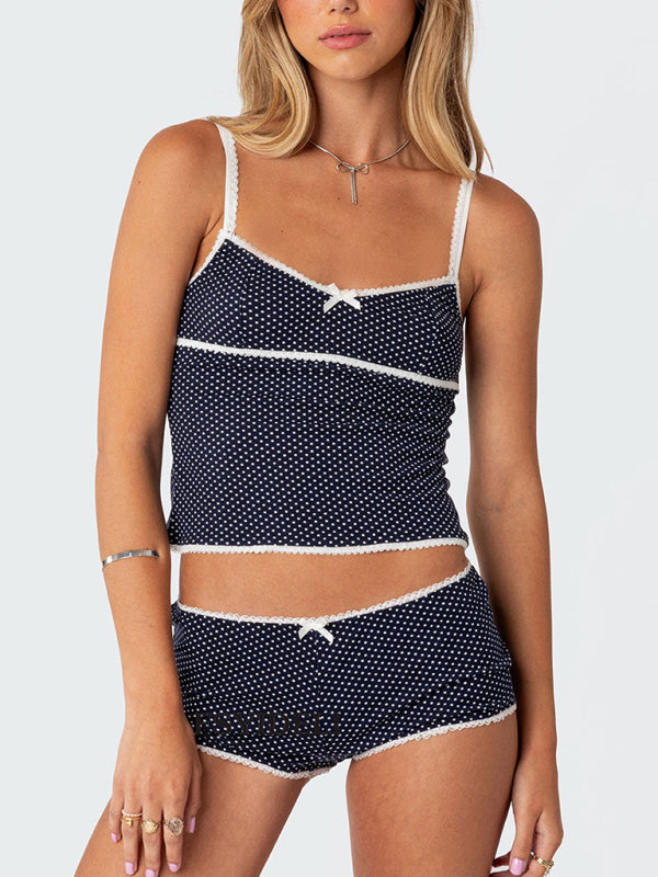 Blue Zone Planet | polka dot print halter top lace splicing shorts two-piece set BLUE ZONE PLANET