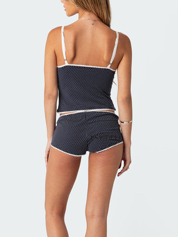 Blue Zone Planet | polka dot print halter top lace splicing shorts two-piece set BLUE ZONE PLANET