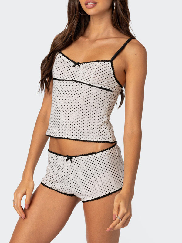 Blue Zone Planet | polka dot print halter top lace splicing shorts two-piece set BLUE ZONE PLANET