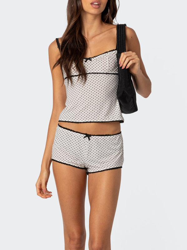 Blue Zone Planet | polka dot print halter top lace splicing shorts two-piece set BLUE ZONE PLANET
