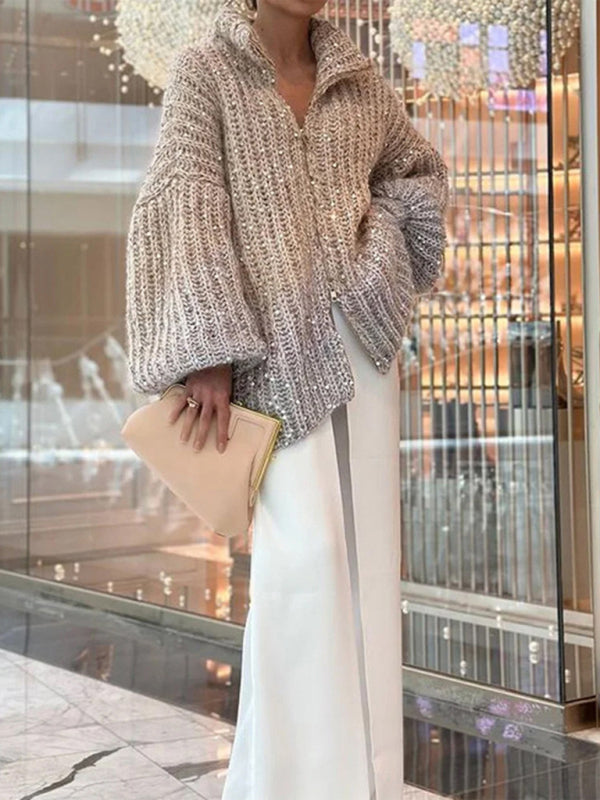 and comfortable sequined V-neck cardigan sweater BLUE ZONE PLANET
