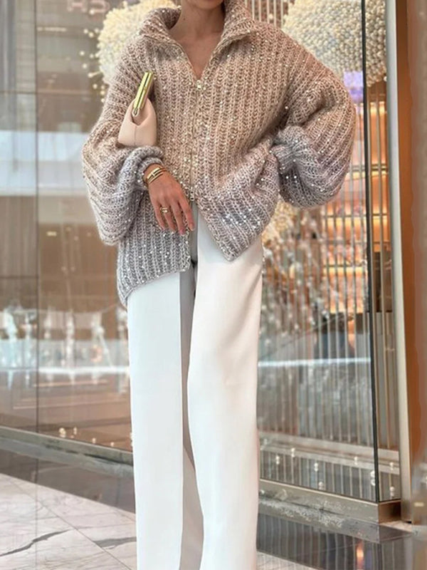 and comfortable sequined V-neck cardigan sweater BLUE ZONE PLANET