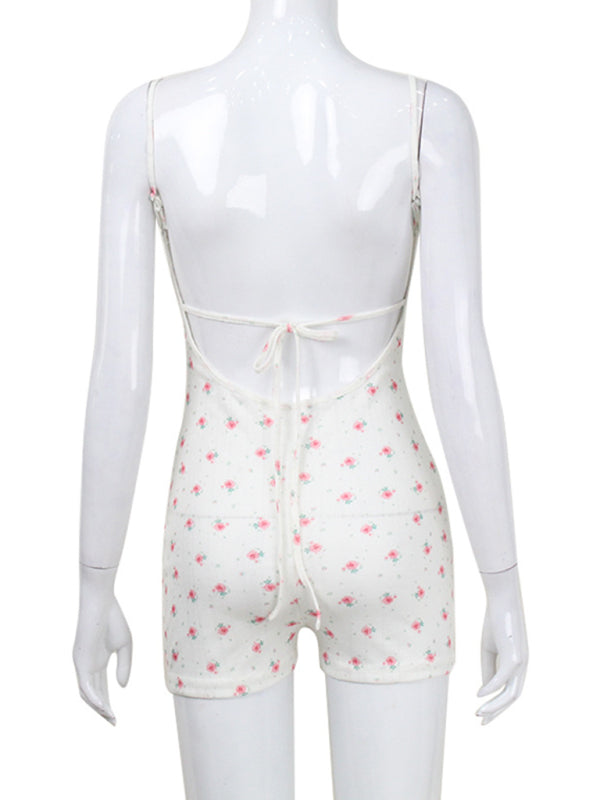 Blue Zone Planet | Floral print backless strap spaghetti strap bodysuit BLUE ZONE PLANET
