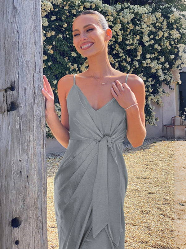 Blue Zone Planet | French spaghetti strap knotted elegant satin maxi dress BLUE ZONE PLANET