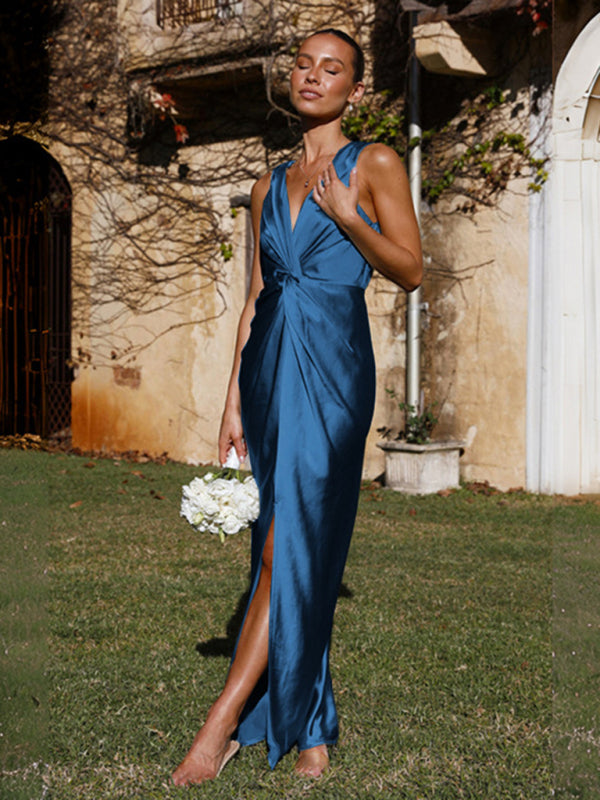 Blue Zone Planet | Women's V-neck knotted pleated sleeveless maxi dress BLUE ZONE PLANET
