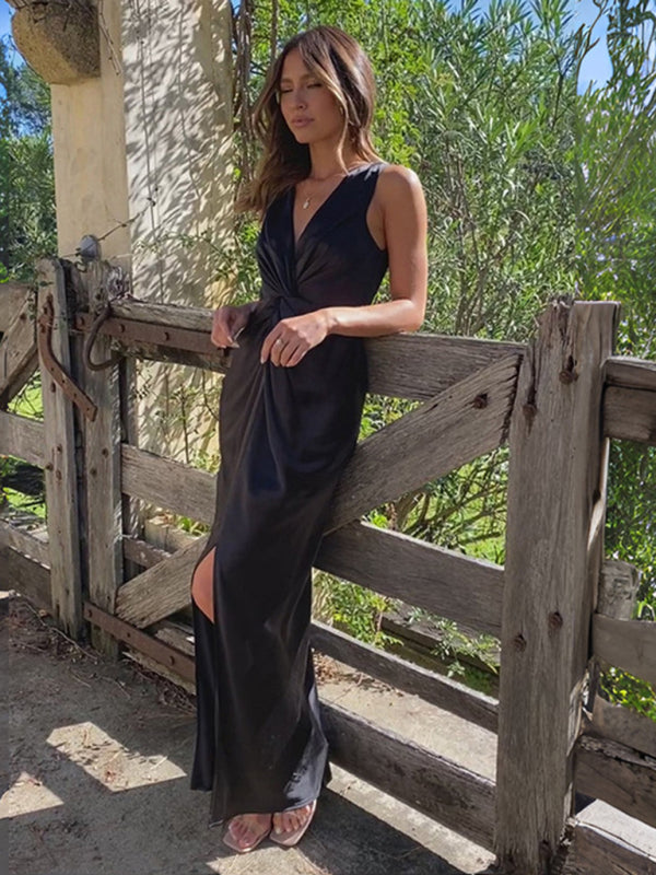 Blue Zone Planet | Women's V-neck knotted pleated sleeveless maxi dress BLUE ZONE PLANET