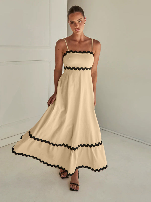 Spaghetti strap sleeveless print contrast color maxi dress BLUE ZONE PLANET