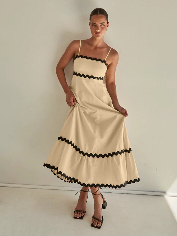 Spaghetti strap sleeveless print contrast color maxi dress BLUE ZONE PLANET
