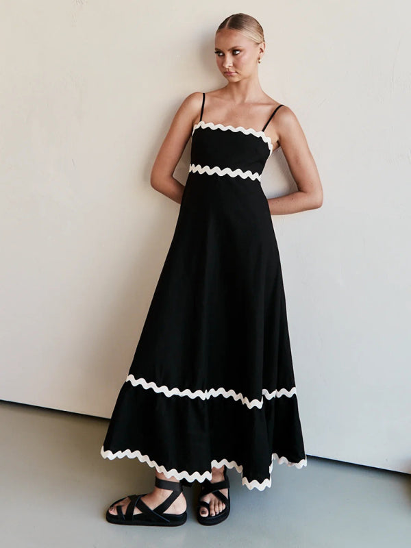 Spaghetti strap sleeveless print contrast color maxi dress BLUE ZONE PLANET